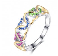 Srebrn prstan z barvnimi in zlatimi srci