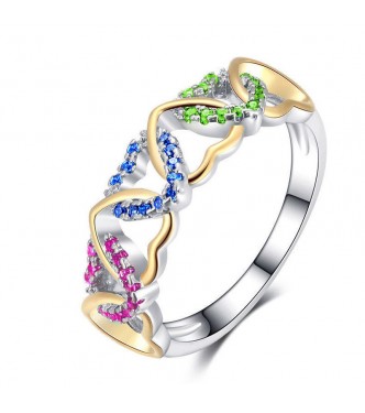 Srebrn prstan z barvnimi in zlatimi srci