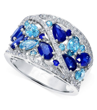 Eleganten srebrn prstan iz različnih modrih kristalov